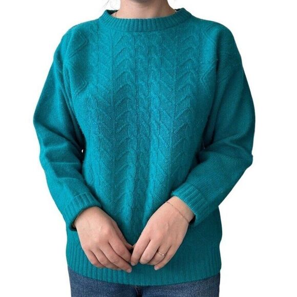 Vintage 1980s Teal Blue Angora Lambswool Chunky Cable Knit Sweater Sz M - Picture 4 of 8